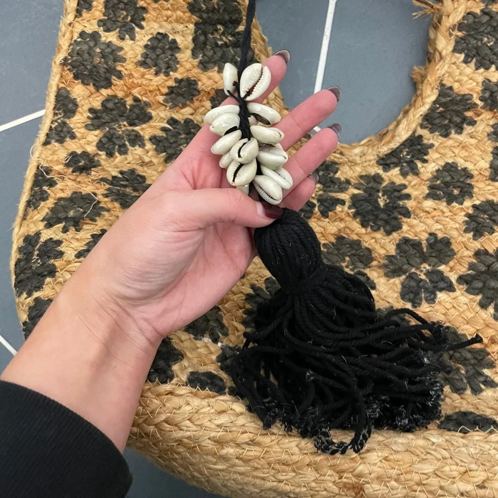 Jute Tote Bag‎ Black Floral Print Tassel Shell Detail Woven Basket Boho Beach
